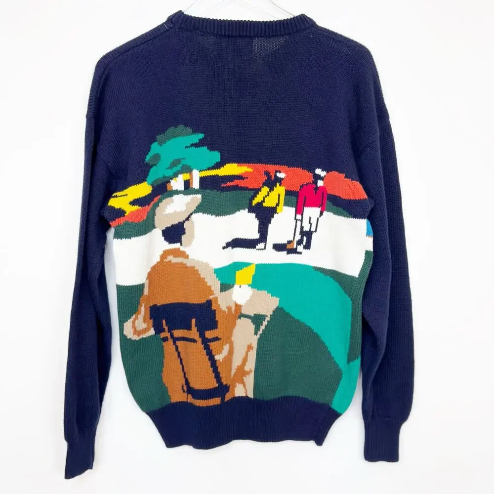 NWT Vintage Hathaway Golf Course Scene Navy Knit Sweater M